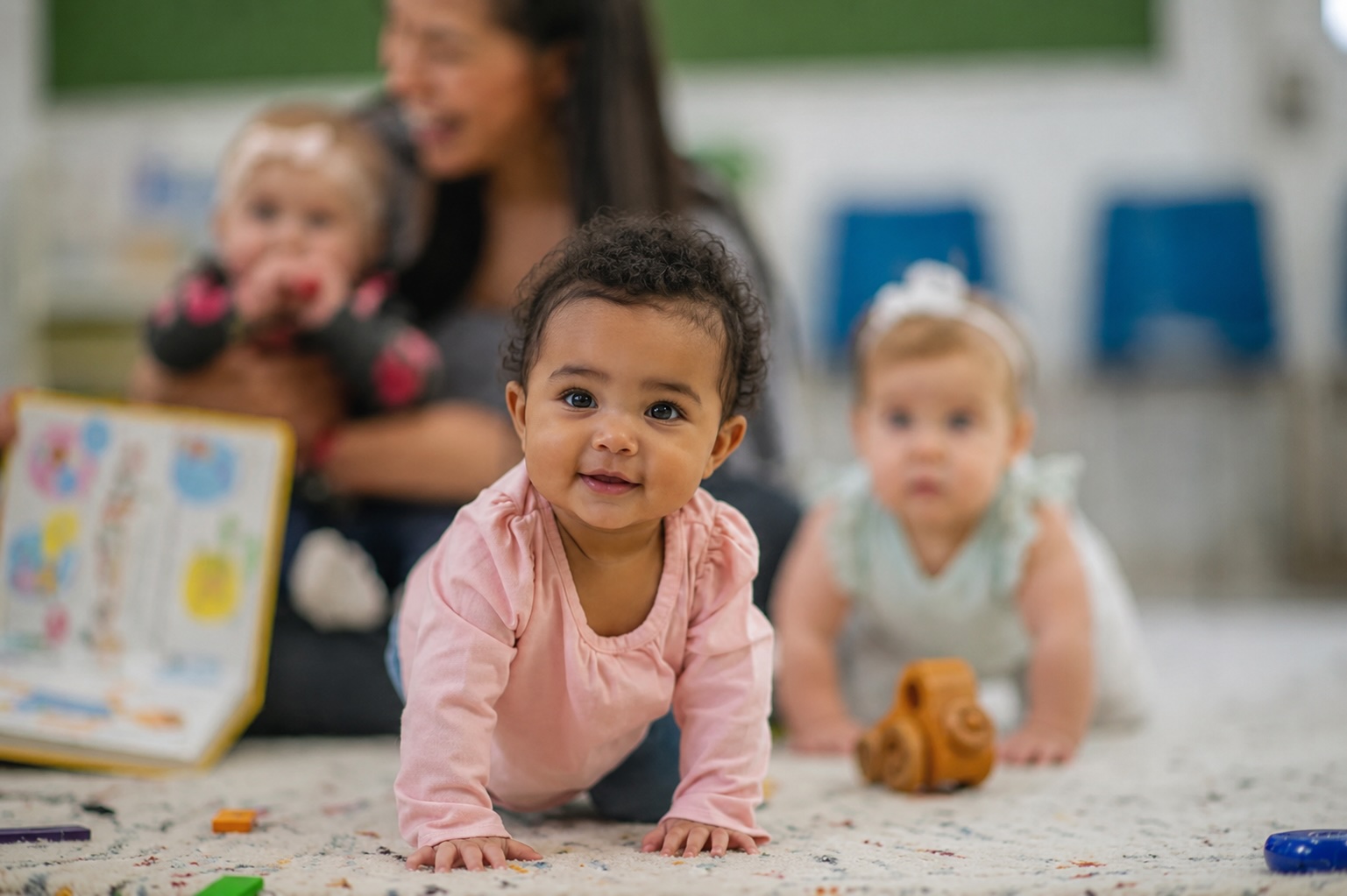 Une assistante maternelle entourée d'enfants