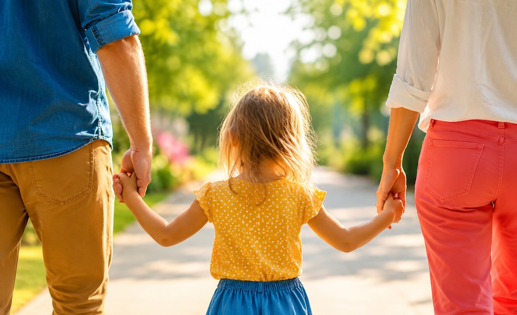 Des parents et un enfant main dans la main